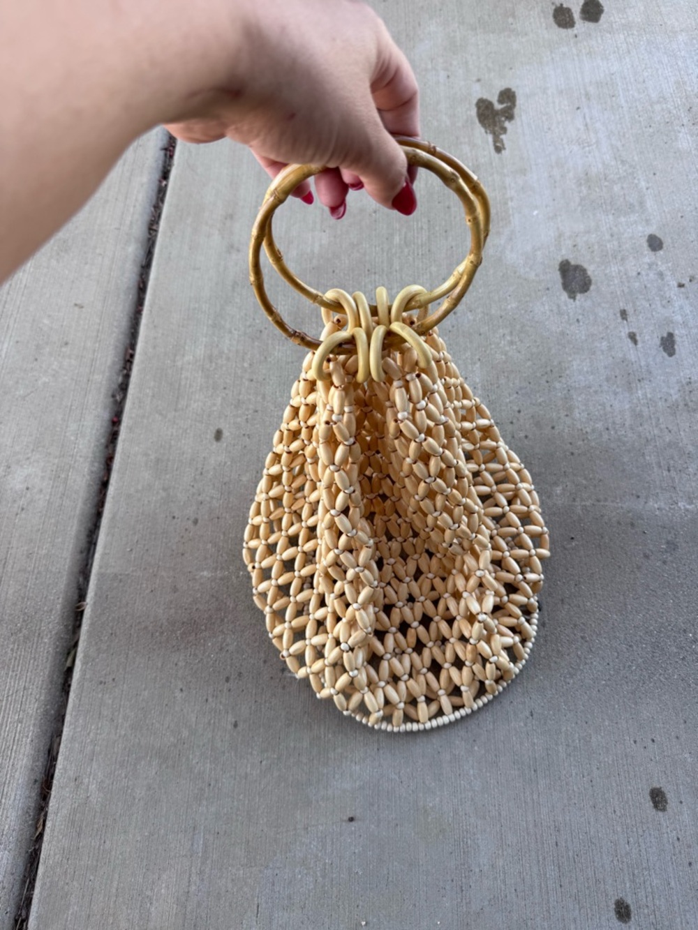 Vintage Hand Woven Wooden Beaded Bucket Bag With Bamboo Handles Boho Beach Boho
